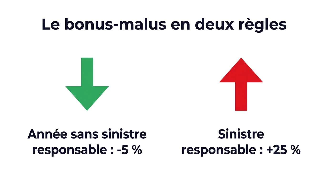 Infographie du bonus-malus assurance auto : -5 % par an sans sinistre responsable, +25 % par sinistre responsable