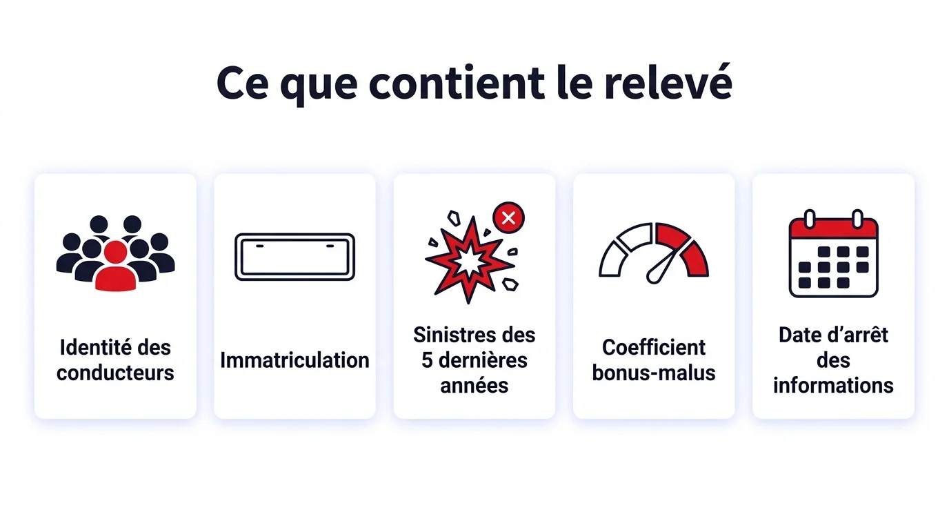 Infographie du contenu du relevé d'information assurance auto : identité des conducteurs, immatriculation, sinistres, coefficient bonus-malus, date d'arrêt des informations