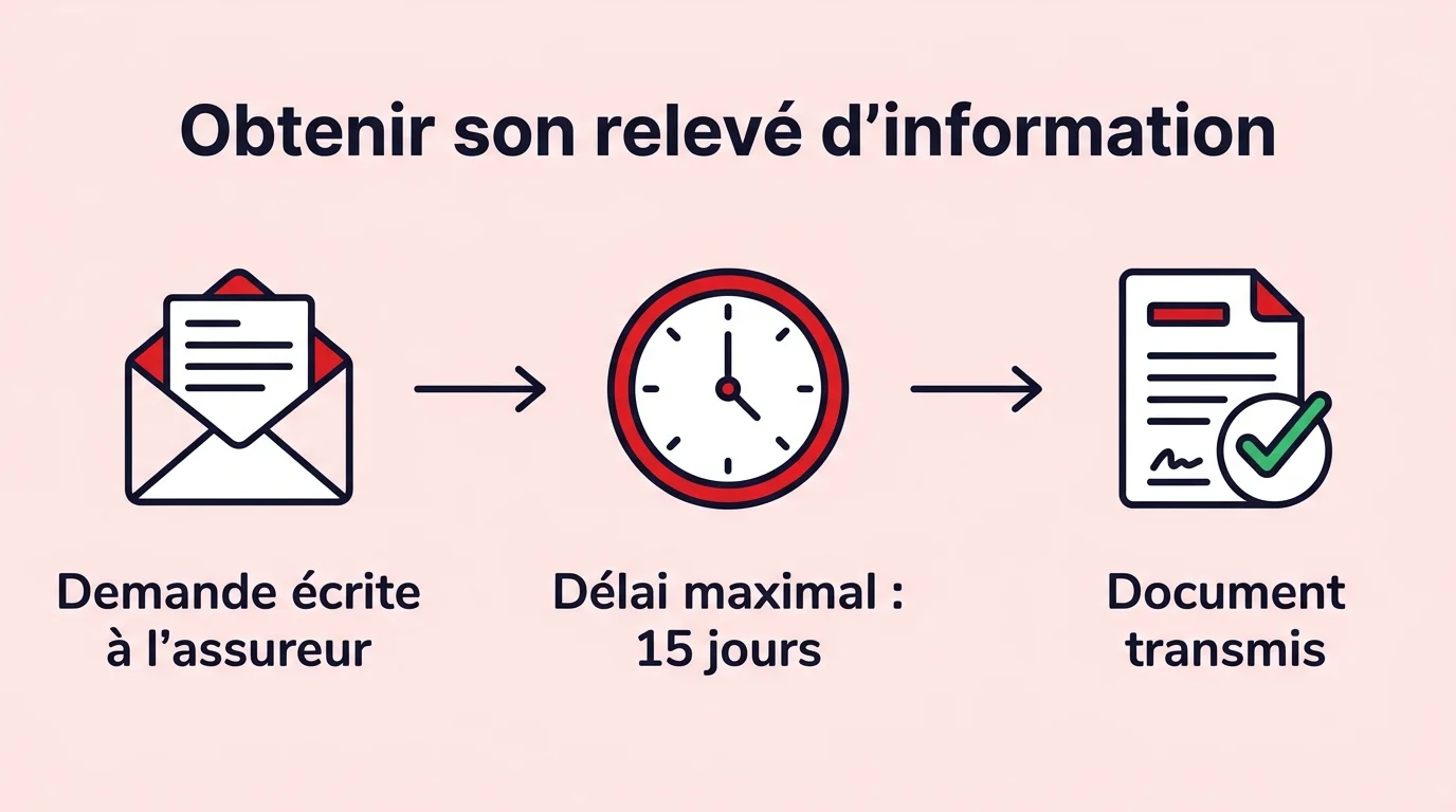 Schéma des trois étapes pour obtenir son relevé d'information assurance auto sous 15 jours
