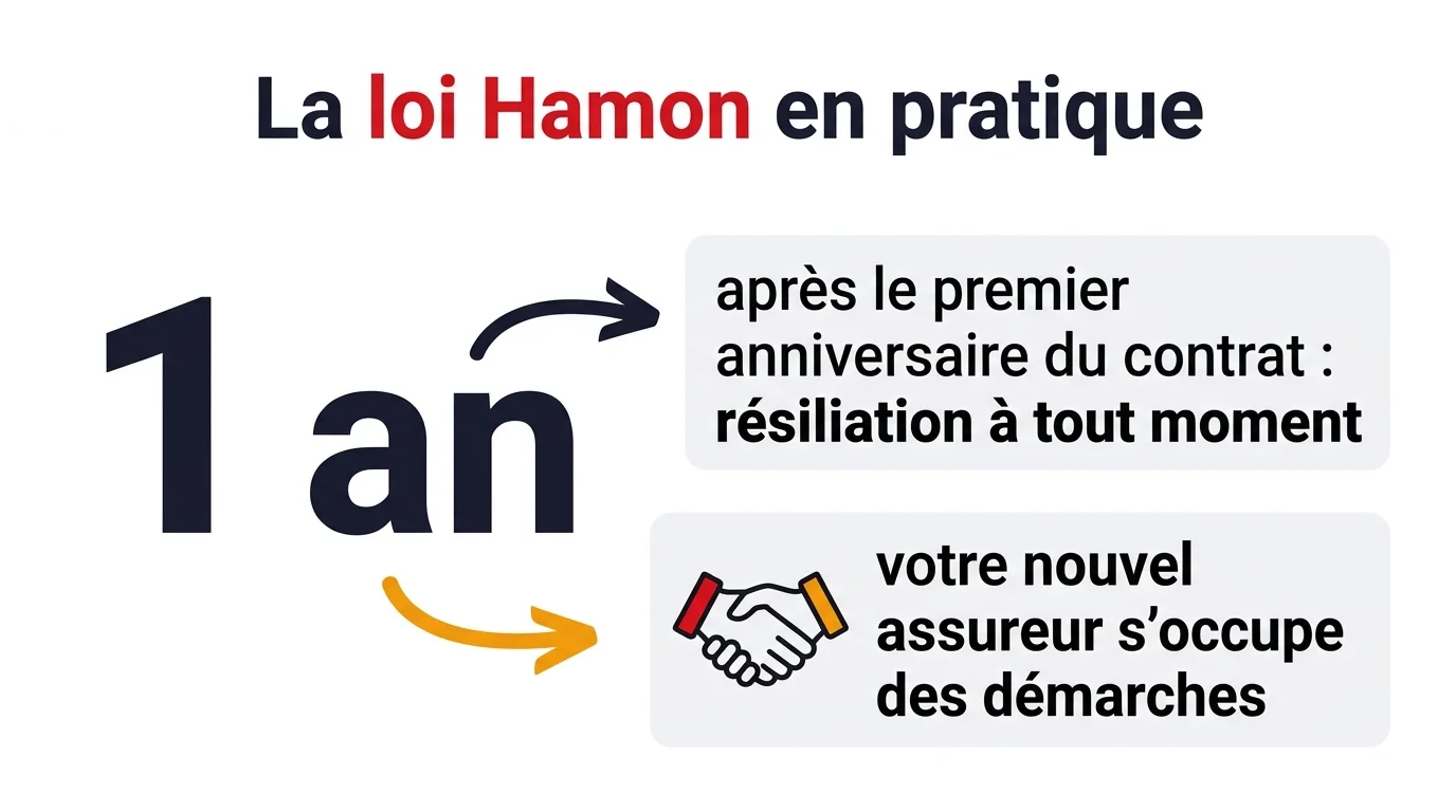 Infographie de la loi Hamon appliquée à la résiliation d'assurance auto après un an