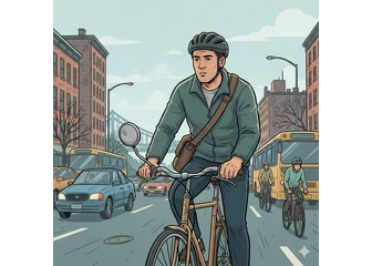 Illustration : Cycliste urbain utilisant un rétroviseur pour surveiller le trafic arrière