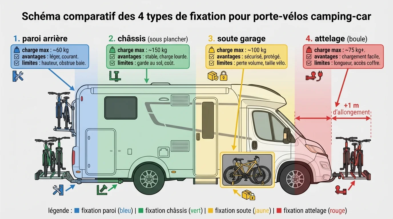 Schéma comparatif des 4 types de fixation pour porte-vélos camping-car