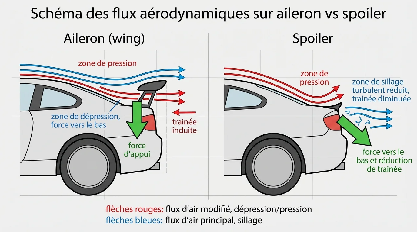 Schéma des flux aérodynamiques sur aileron vs spoiler