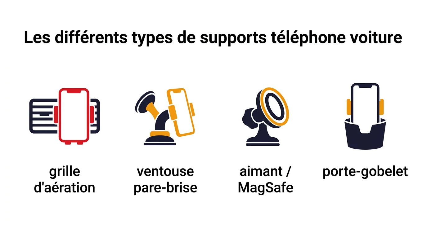 Comparatif des quatre types de supports téléphone voiture : grille d'aération, ventouse pare-brise, aimant MagSafe, porte-gobelet
