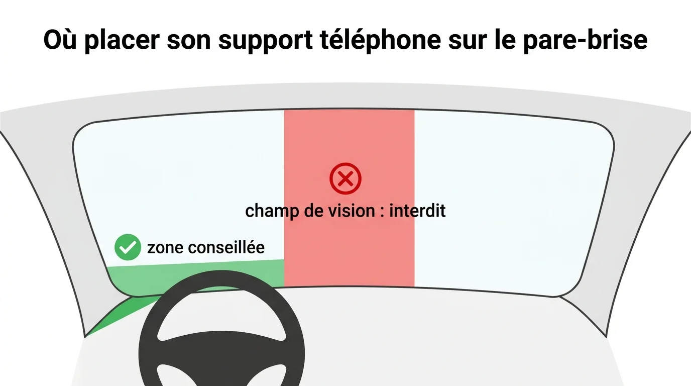 Schéma des zones conseillées et interdites pour positionner un support téléphone sur le pare-brise