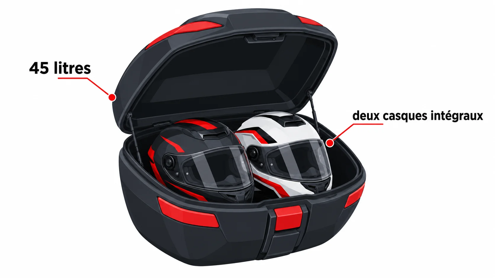 Top case moto de 45 litres ouvert contenant deux casques intégraux