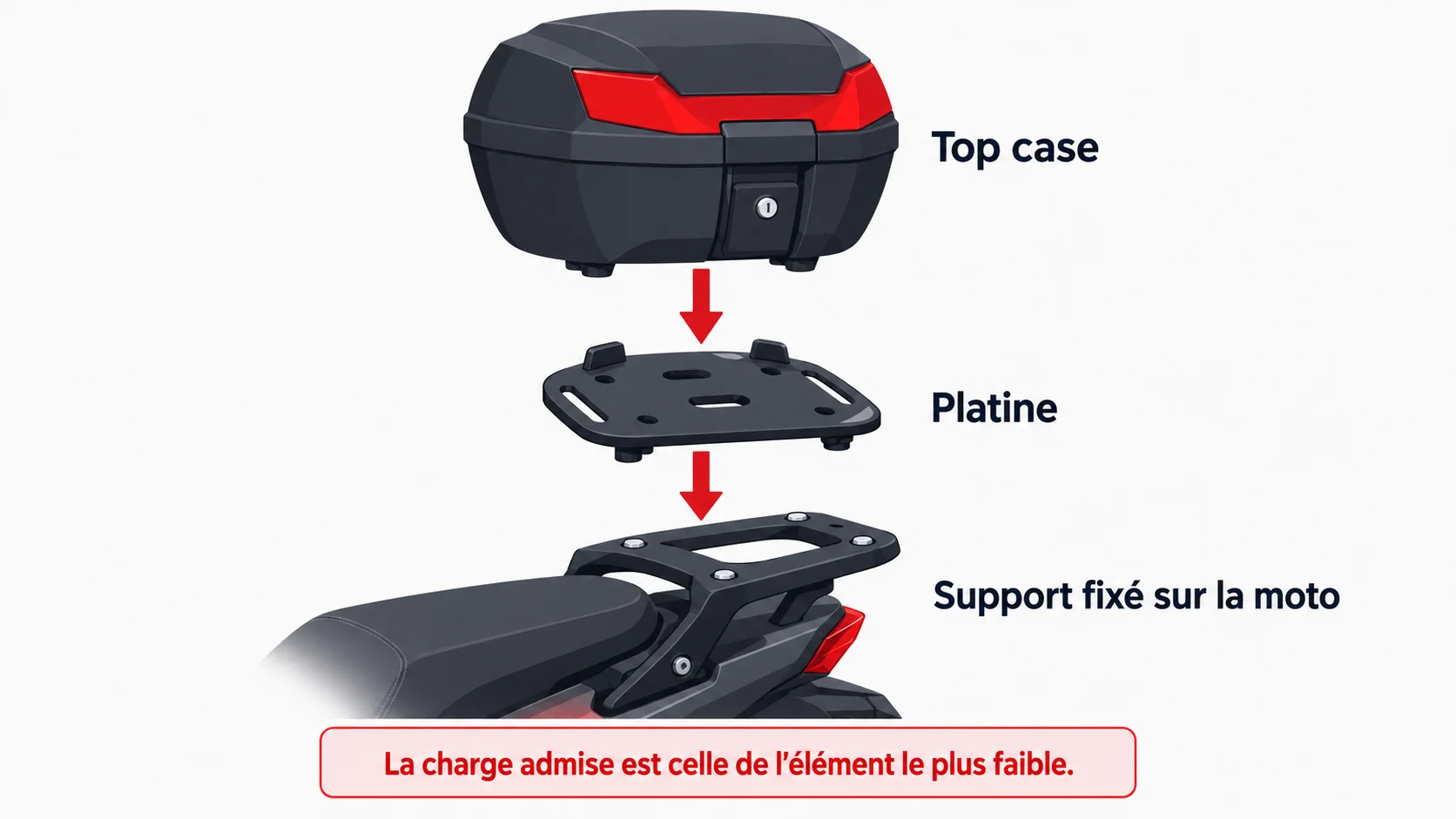 Schéma éclaté de la fixation d'un top case : top case, platine et support fixé sur la moto
