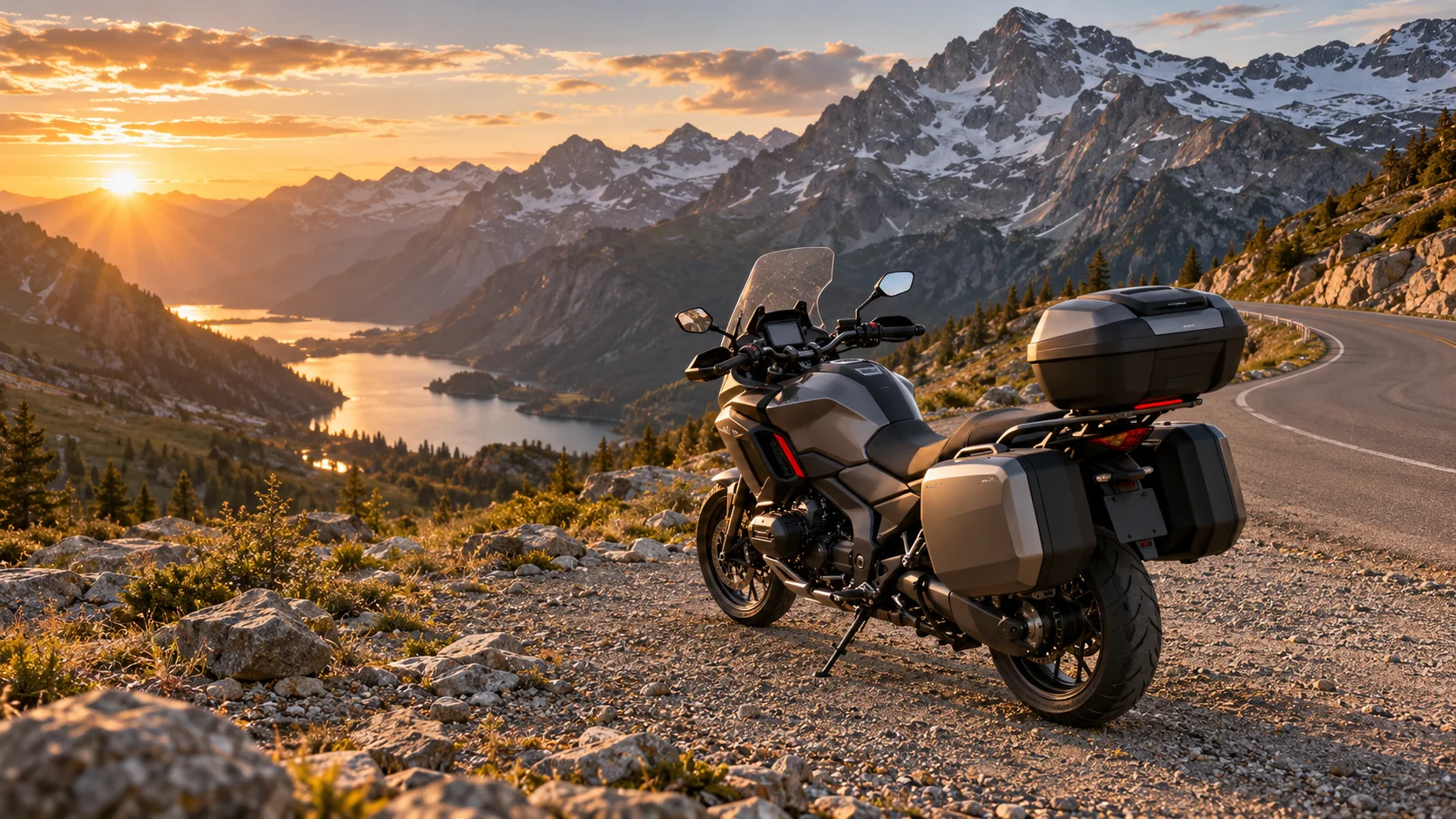 Moto routière équipée d'un top case et de deux valises latérales garée sur une route de montagne