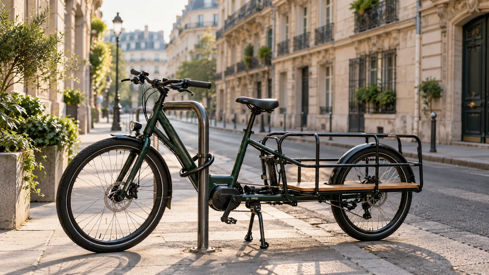 Vélo cargo longtail attaché par le cadre à un arceau avec un antivol en U, sur un trottoir en ville