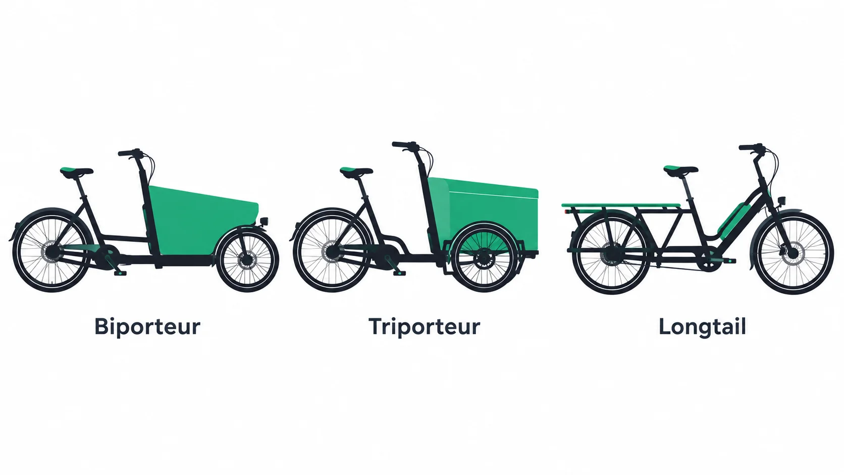 Trois types de vélos cargo vus de profil : biporteur, triporteur et longtail