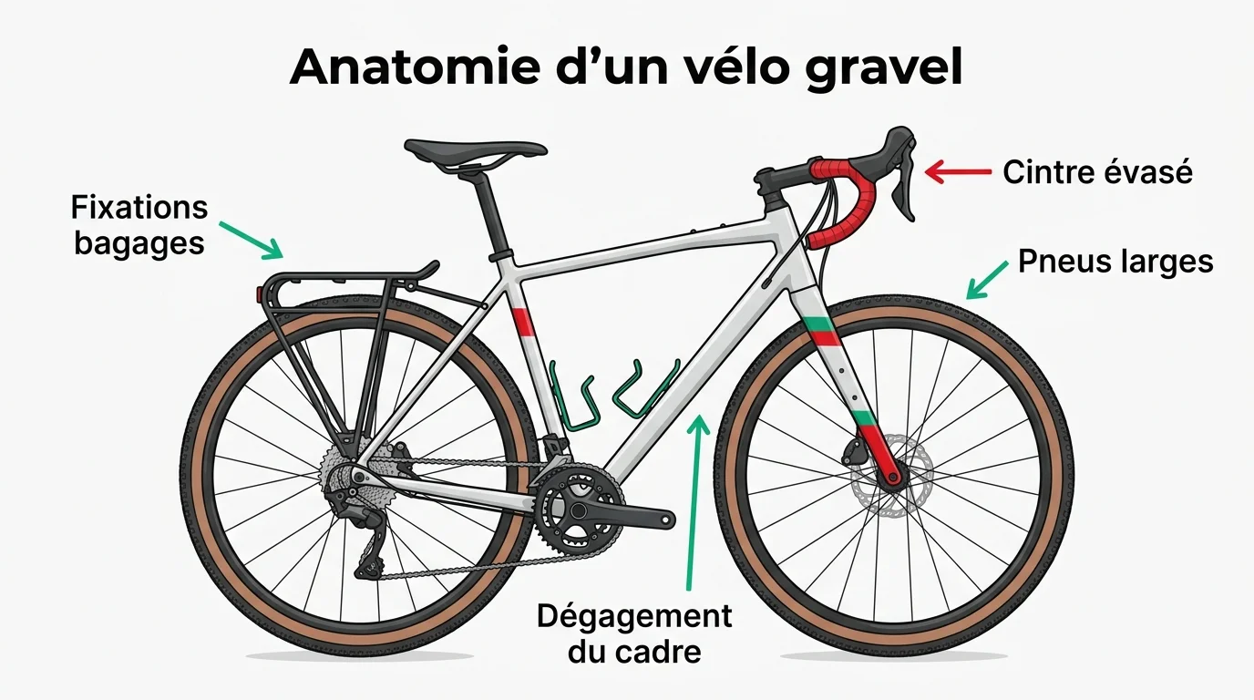 Anatomie d'un vélo gravel avec cintre évasé, pneus larges et fixations bagages