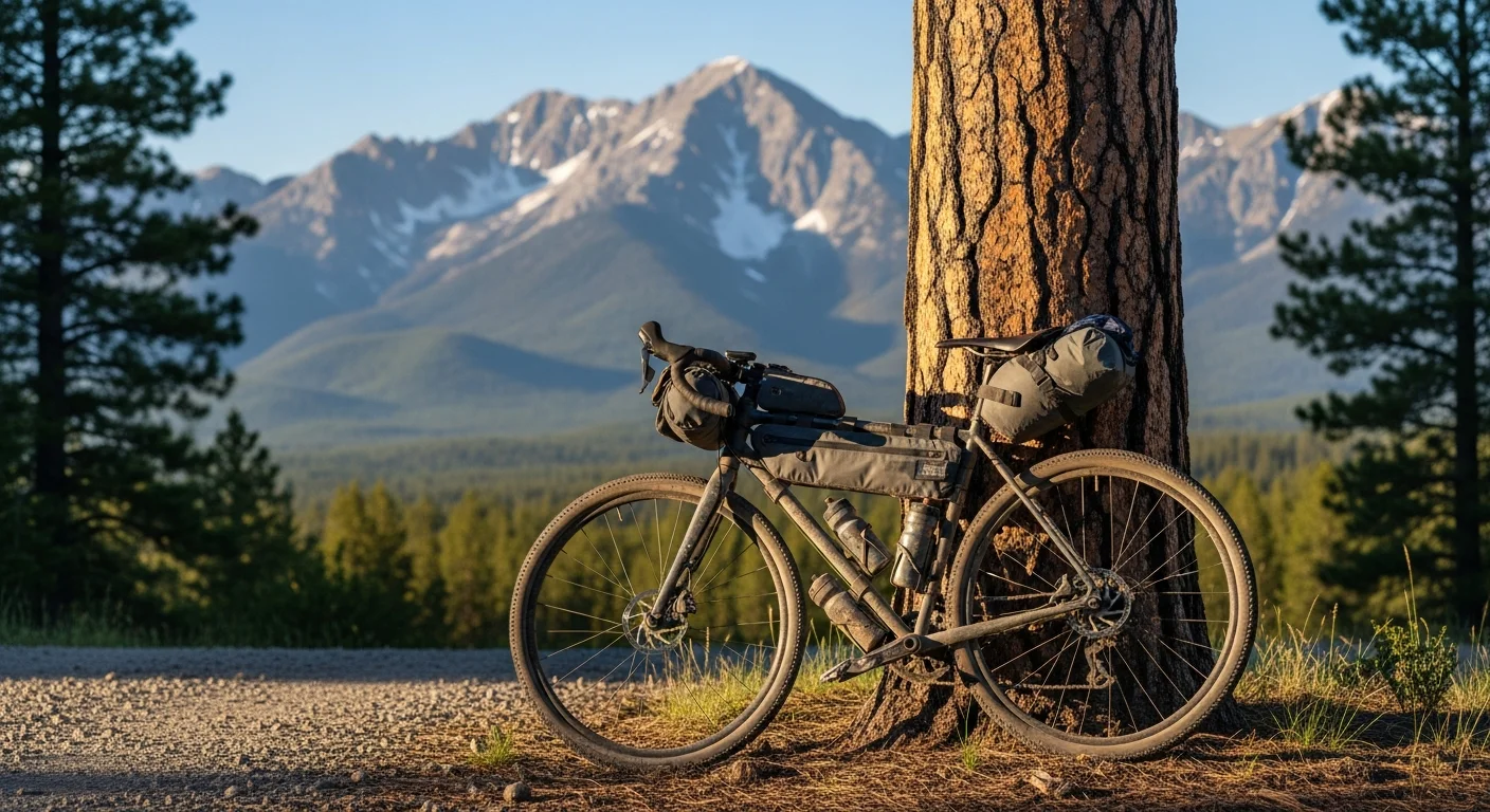 Vélo gravel chargé de sacoches bikepacking appuyé contre un arbre en montagne