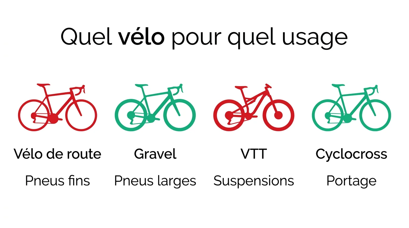 Comparatif illustré vélo de route, gravel, VTT et cyclocross