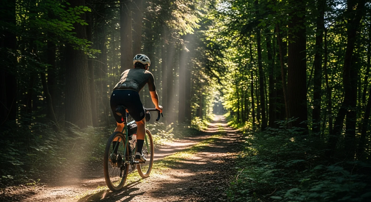 Cycliste de dos sur un vélo gravel dans un sentier forestier