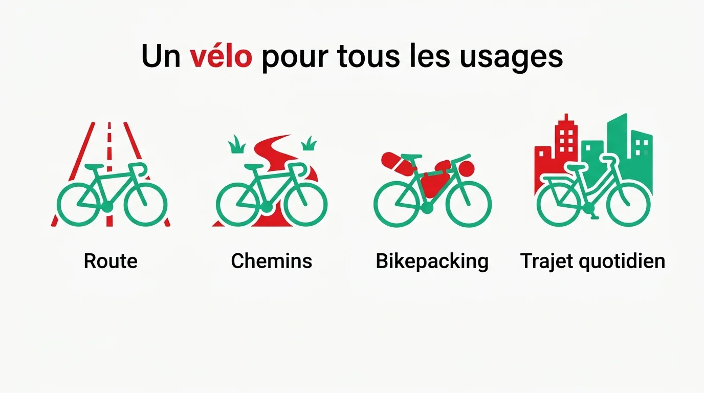 Pictogrammes des usages du vélo gravel : route, chemins, bikepacking, trajet quotidien