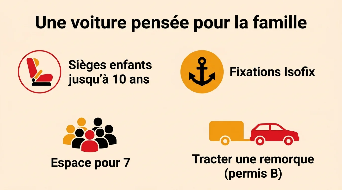 Les équipements familiaux d'une voiture 7 places : sièges enfants jusqu'à 10 ans, fixations Isofix, remorquage