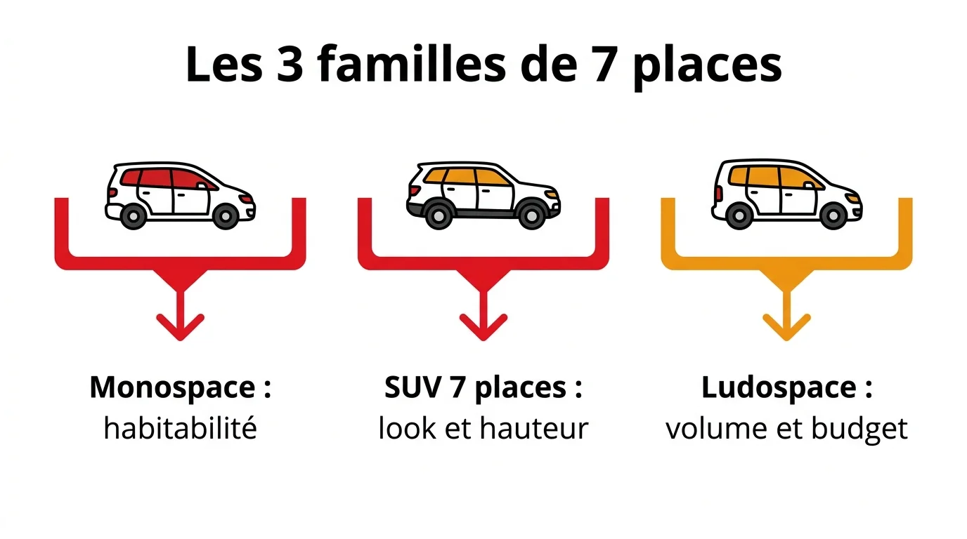 Les 3 familles de voitures 7 places d'occasion : monospace, SUV et ludospace