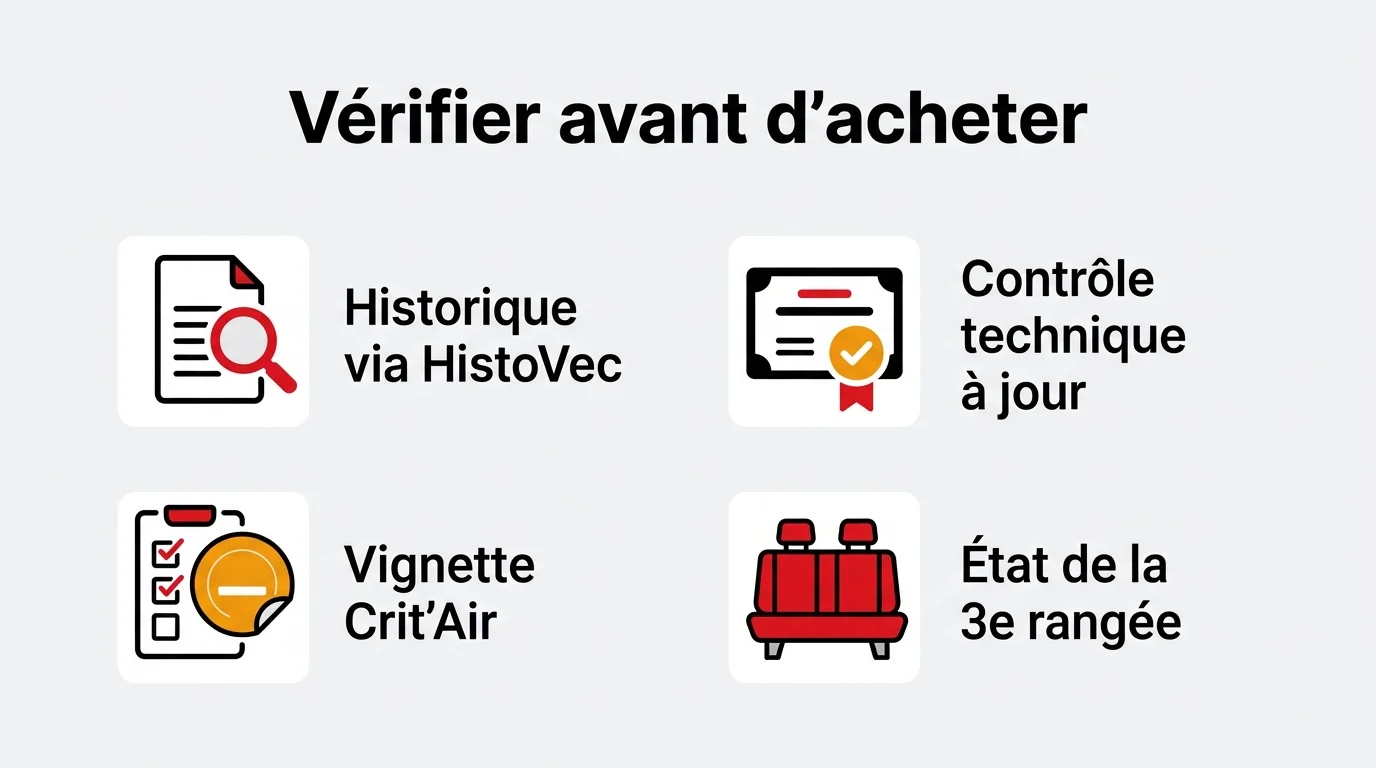 Les points à vérifier avant d'acheter une voiture 7 places d'occasion : historique HistoVec, contrôle technique, Crit'Air, troisième rangée