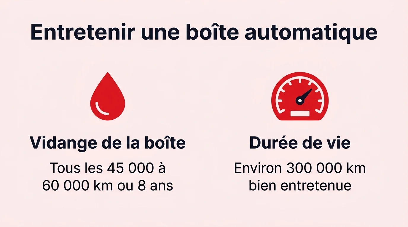 Infographie sur l'entretien d'une boîte automatique : fréquence de vidange et durée de vie