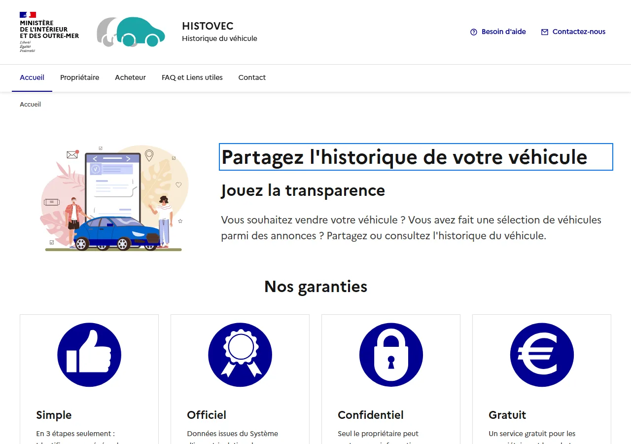Page d'accueil du service officiel HistoVec pour consulter l'historique d'un véhicule d'occasion