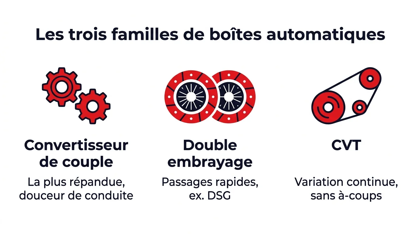 Infographie présentant les trois familles de boîtes automatiques : convertisseur de couple, double embrayage et CVT