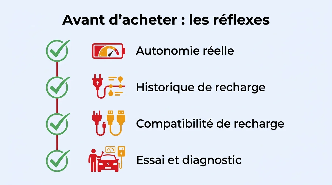 Les réflexes avant d'acheter une voiture électrique d'occasion : autonomie réelle, historique de recharge, compatibilité, essai
