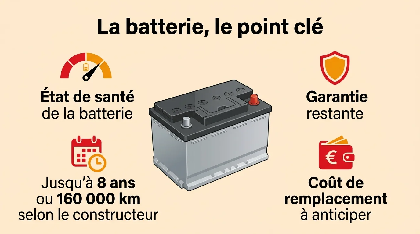La batterie d'une hybride d'occasion : état de santé, garantie restante jusqu'à 8 ans ou 160 000 km selon le constructeur, coût de remplacement à anticiper
