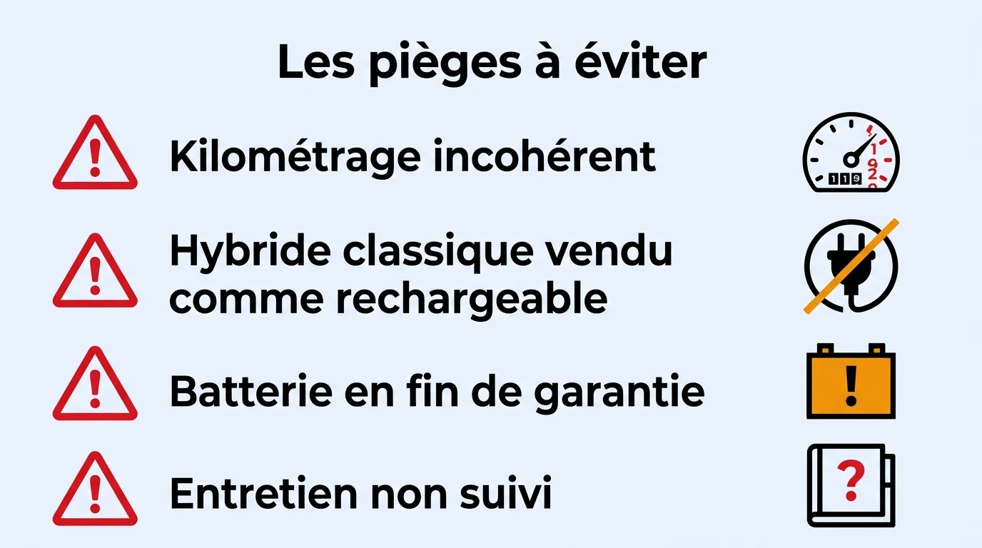 Les pièges d'une hybride d'occasion : kilométrage incohérent, HEV vendu comme rechargeable, batterie en fin de garantie, entretien non suivi