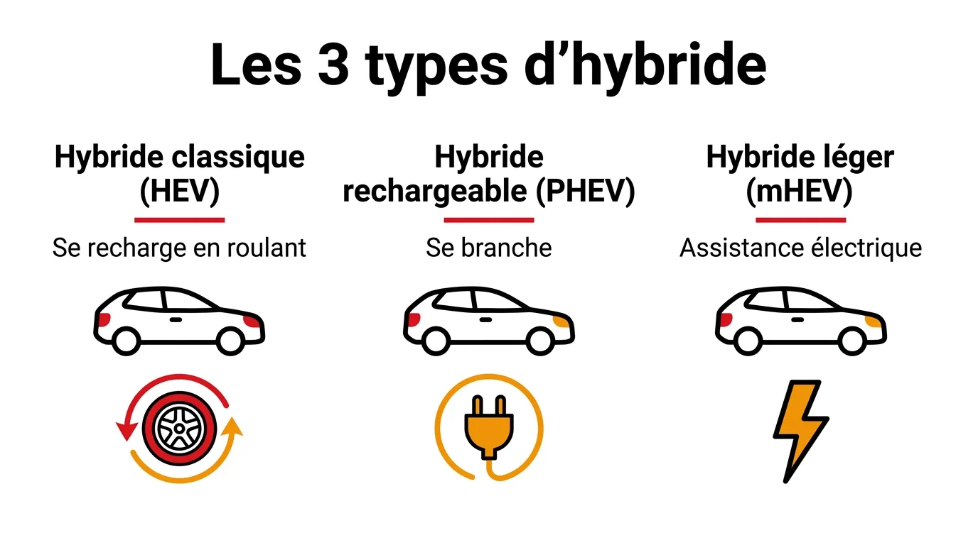 Les trois types d'hybride : hybride classique HEV qui se recharge en roulant, hybride rechargeable PHEV qui se branche, hybride léger mHEV en assistance électrique