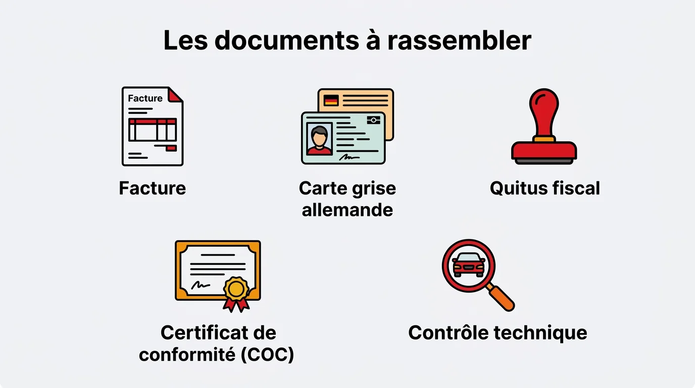 Les documents à rassembler pour importer une voiture d'Allemagne : facture, carte grise allemande, quitus fiscal, certificat de conformité, contrôle technique