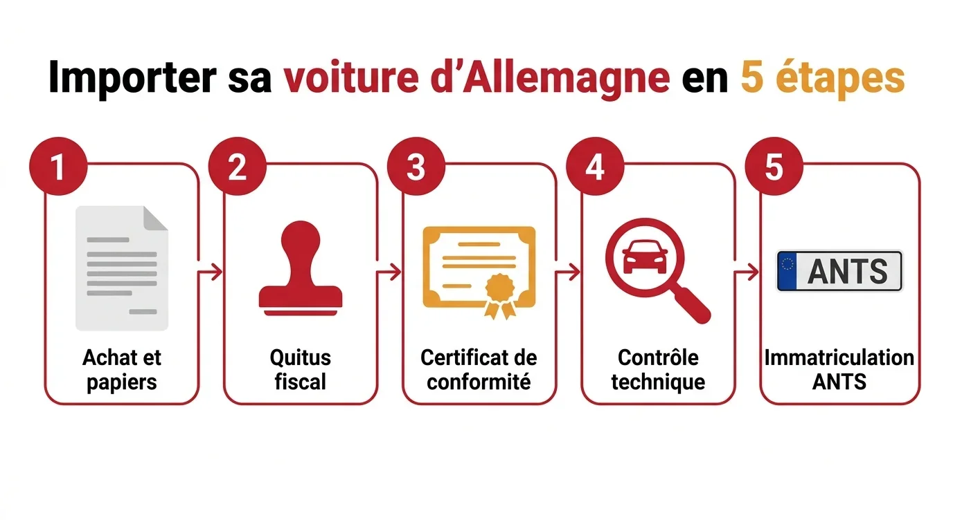 Importer sa voiture d'Allemagne en 5 étapes : achat, quitus fiscal, certificat de conformité, contrôle technique, immatriculation