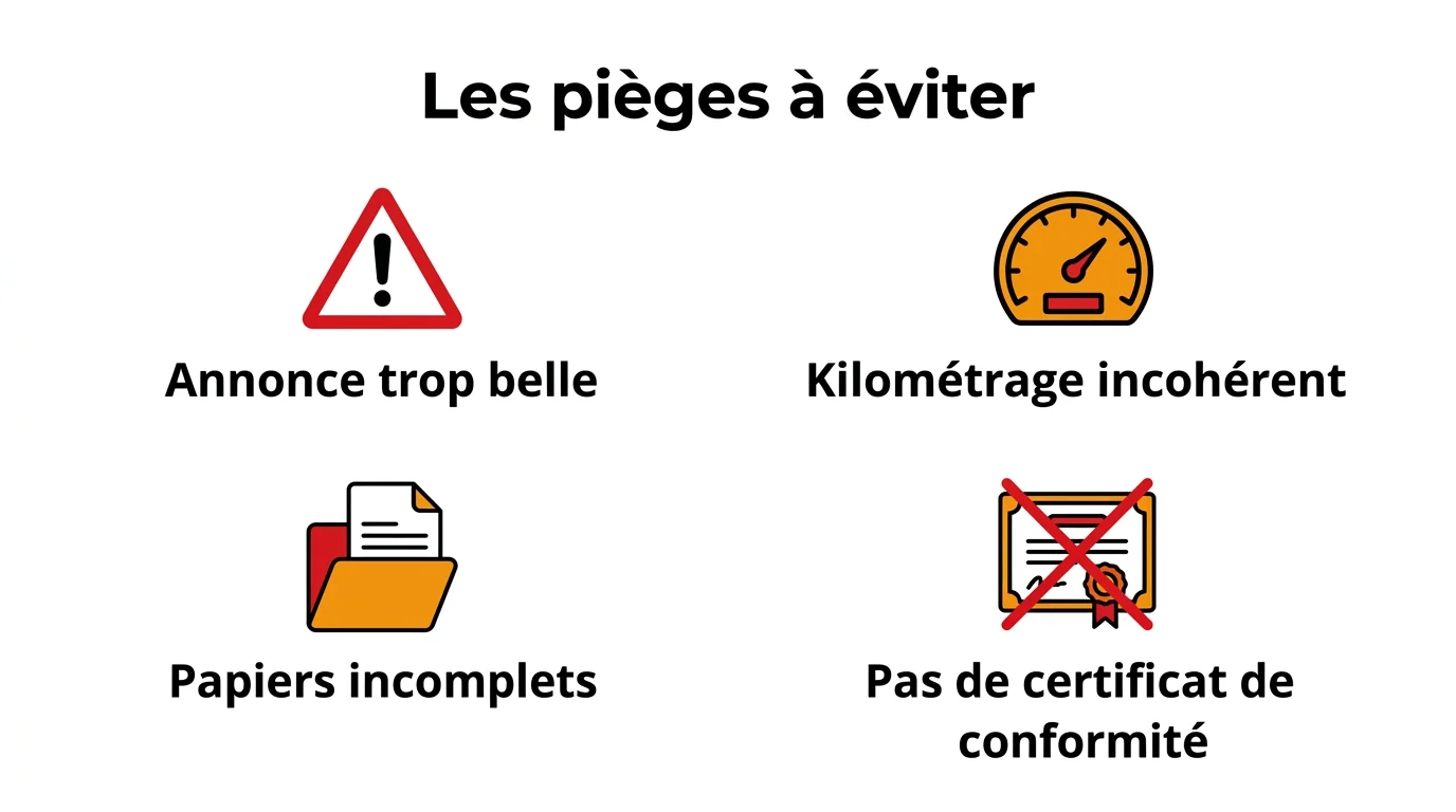 Les pièges à éviter à l'achat d'une voiture d'occasion en Allemagne : annonce trop belle, kilométrage incohérent, papiers incomplets, absence de certificat de conformité
