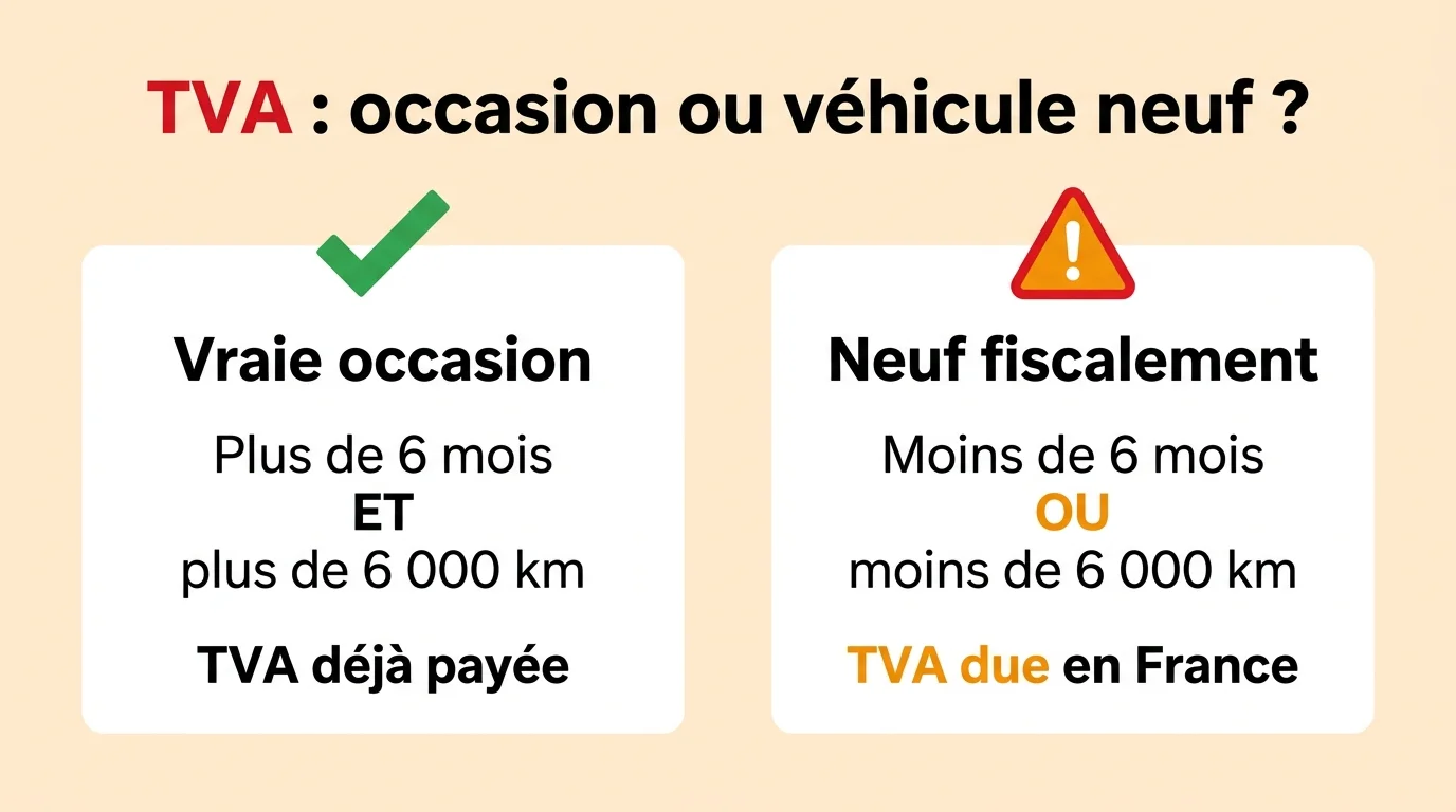 TVA à l'import : vraie occasion déjà taxée contre véhicule neuf fiscalement de moins de 6 mois ou 6 000 km