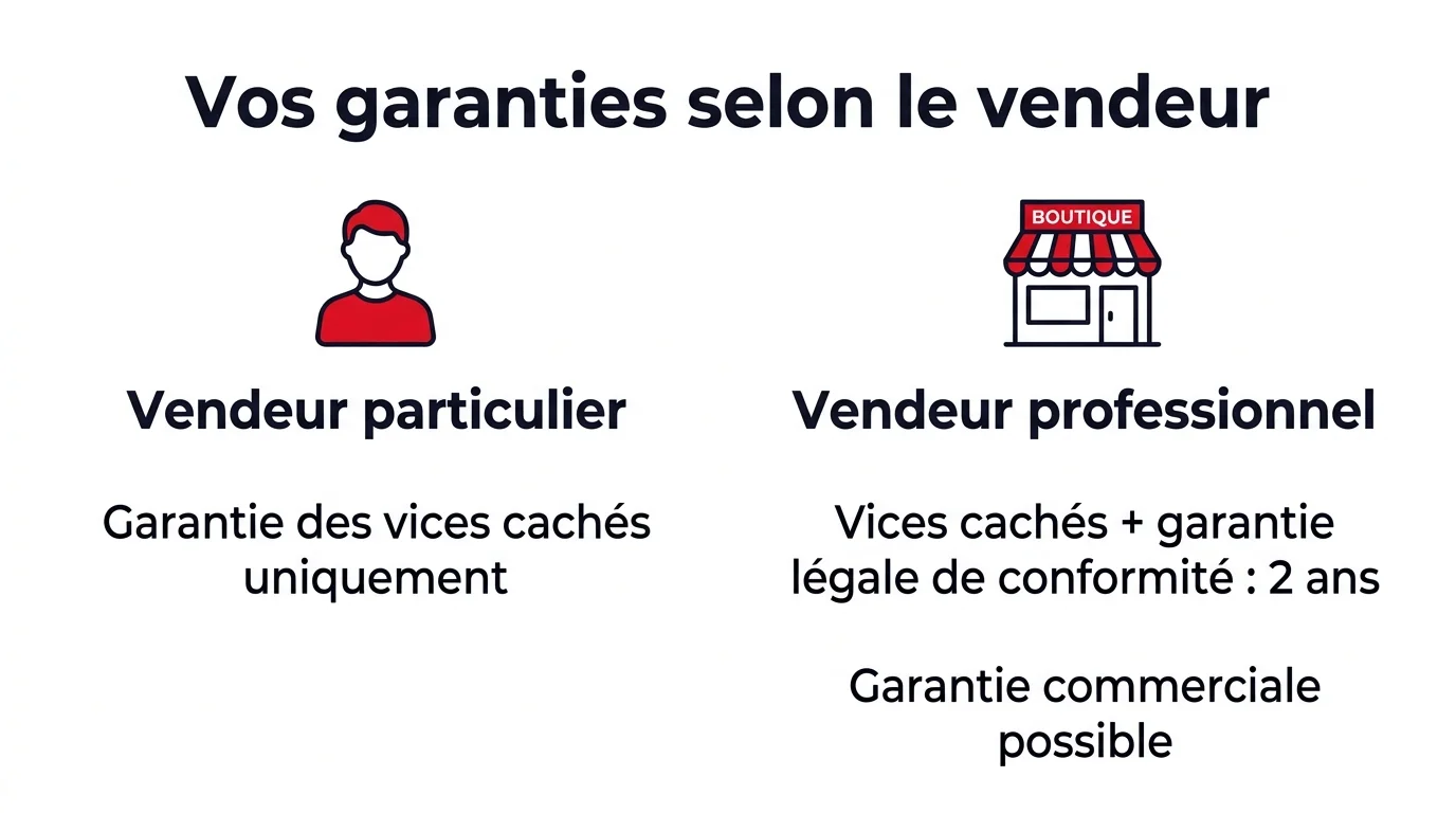 Infographie comparant les garanties d'une voiture d'occasion selon vendeur particulier ou professionnel