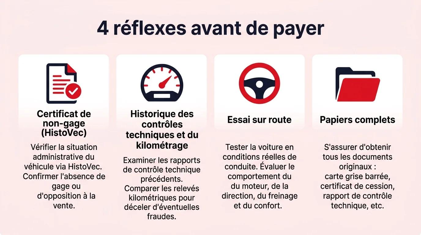 Infographie des 4 réflexes à avoir avant de payer une voiture d'occasion : non-gage, contrôle technique, essai routier, papiers