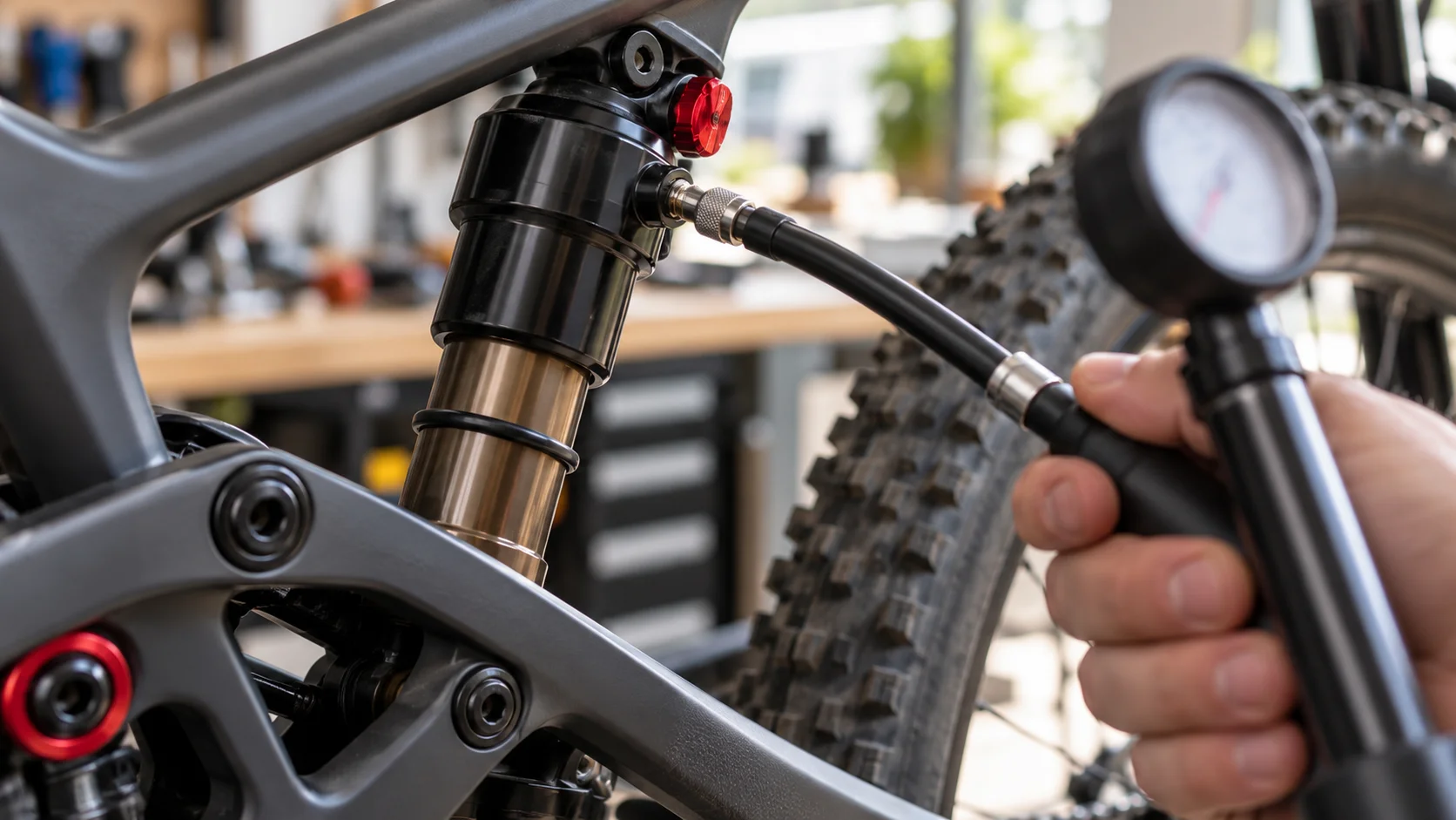 Gros plan sur l'amortisseur arrière d'un VTT avec son joint torique et une pompe haute pression raccordée à la valve