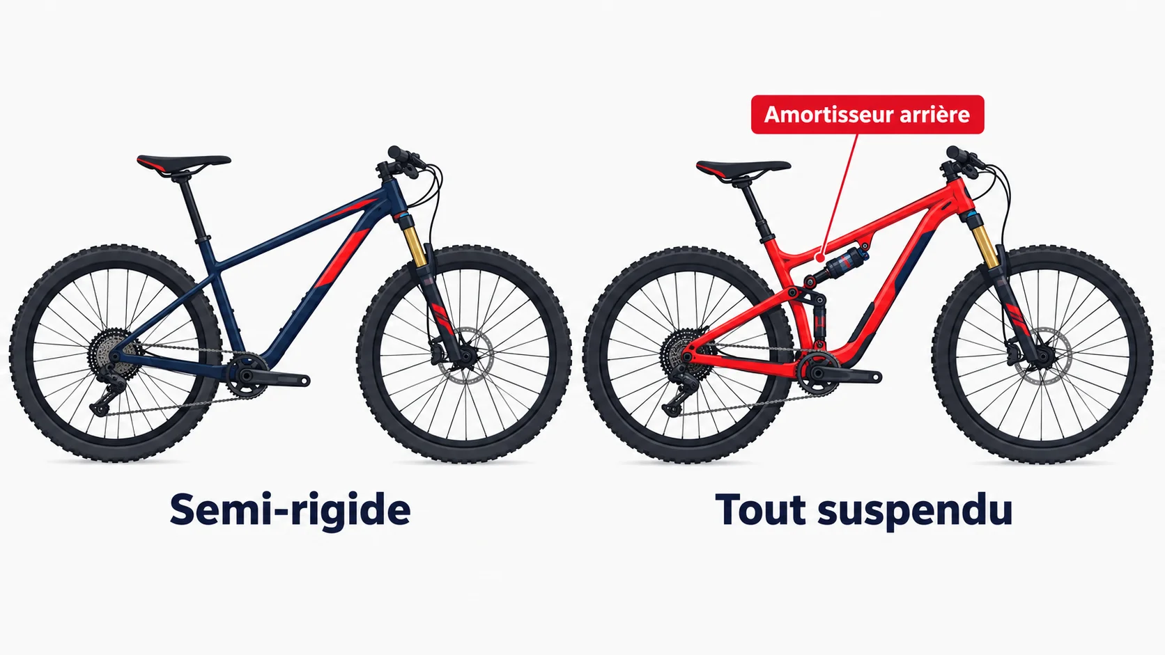 Comparaison d'un VTT semi-rigide sans amortisseur arrière et d'un VTT tout suspendu avec amortisseur arrière