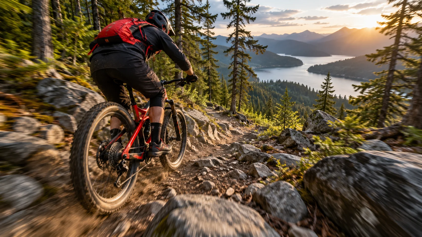 Pilote casqué descendant un sentier forestier caillouteux sur un VTT tout suspendu, vu de trois quarts arrière